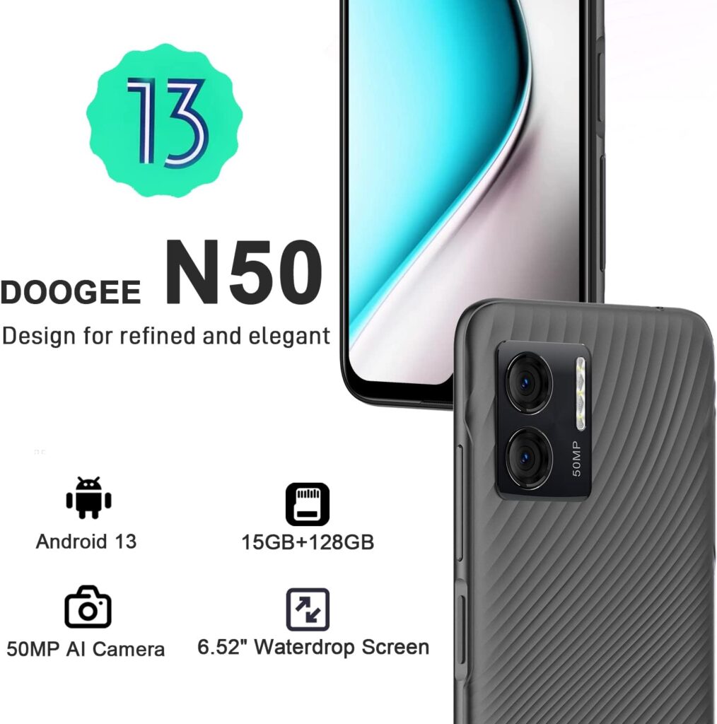DOOGEE N50 2023 Unlocked Cell Phone, 15GB+128GB Android 13 Smartphone, 6.52 Display Android Phone, 50MP AI Camera Dual 4G Phones Unlocked, 90dB Loud Speaker, OTG, Fingerprint, T-Mobile - Grey